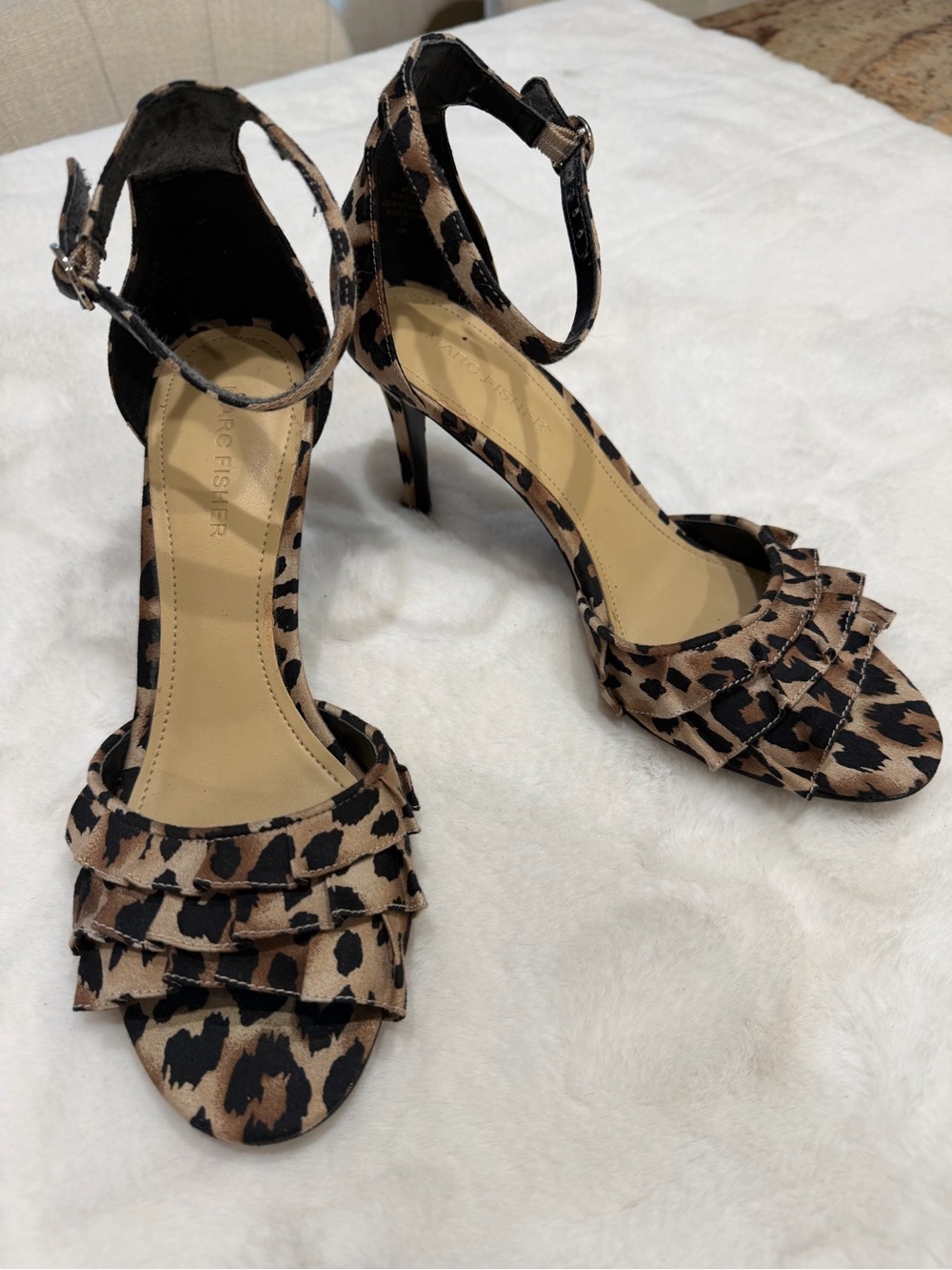 Marc Fisher Leopard Print Ruffle Ankle-Strap Heels Size 8